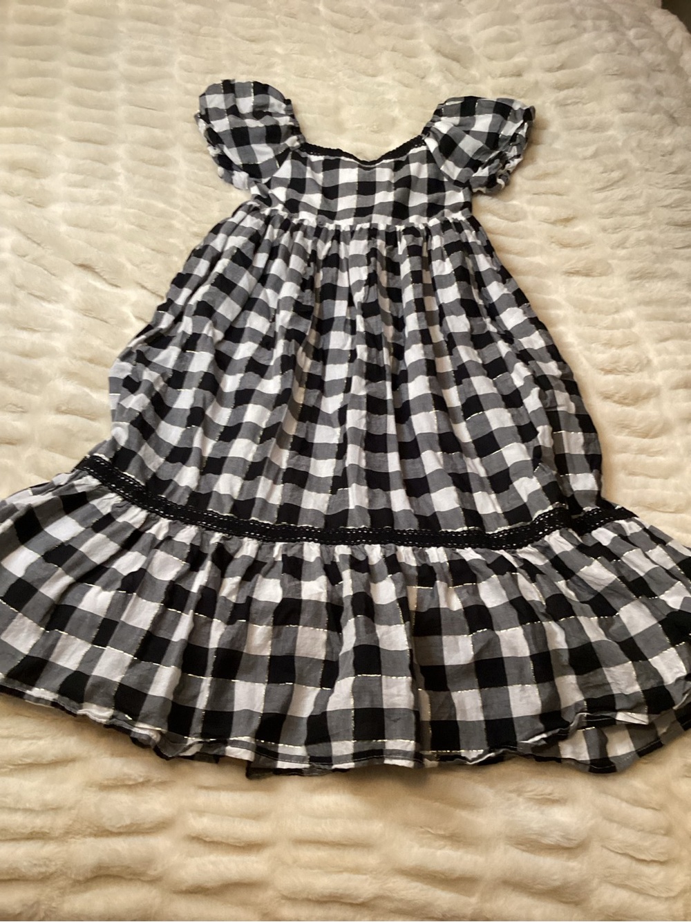 Happily Grey Girls Black & White Gingham Puff-Sleeve Dress with gold thread cute
